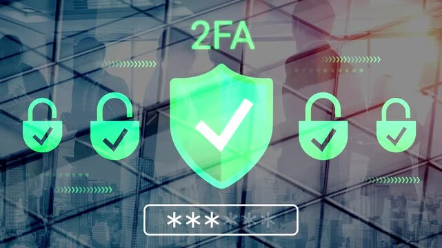 Secure Two-Factor Authentication Concept with Shield Graphic, Digital Check Mark, Lock Icons, and Urban Background Representation of Cybersecurity Strategies Gluon.