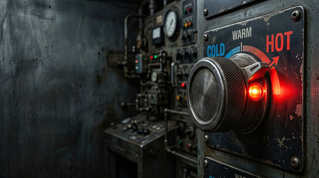 Temperature control knob hot warm cold with industrial machine background climate risk assessment concept