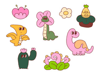 Cute dinosaur doodle vector set. Kawaii dino cartoon characters, pink brontosaurus, flying pterodactyl, and nature elements isolated on white background. Version 2. © Nattapol