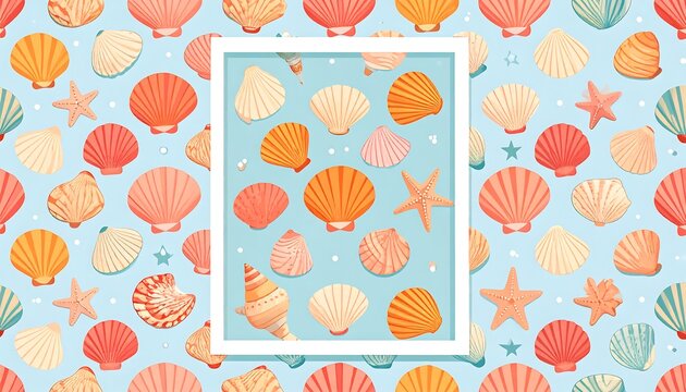 A colorful seashell and starfish pattern on light blue background with a central rectangular frame