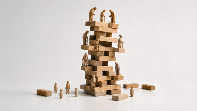 Fragile Wooden Block Tower Symbolizing Aging Population and Demographic Decline