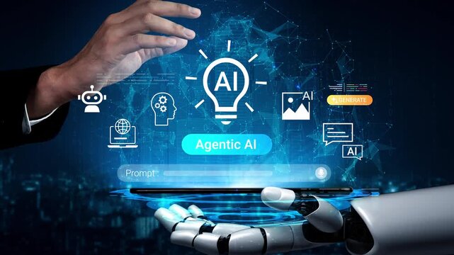 Hand of a person interacting with a futuristic robotic hand, showcasing artificial intelligence concept with digital icons and luminous background in technology theme Gluon.