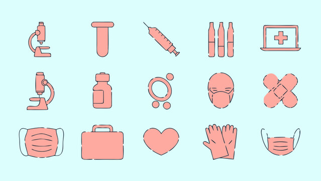 Medical icons set presents various healthcare symbols including microscopes, syringes, and protective masks for clinical and laboratory use.