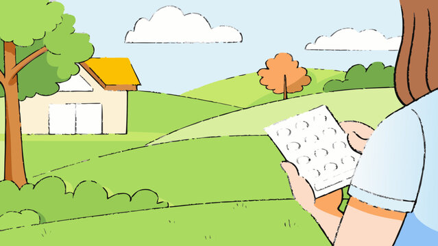 Person holds a paper notepad while observing a serene green landscape with a small country house.