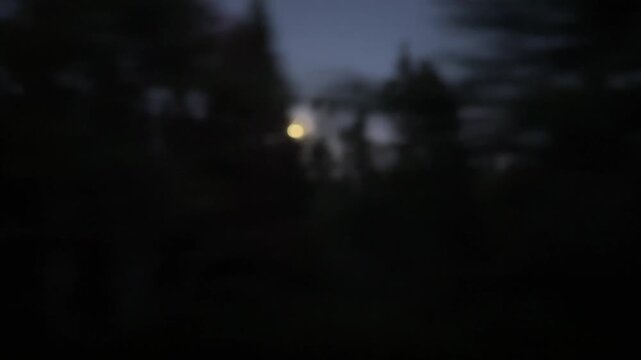 Winding road view from car near Peggy's Cove in Nova Scotia at dusk with ocean and moon