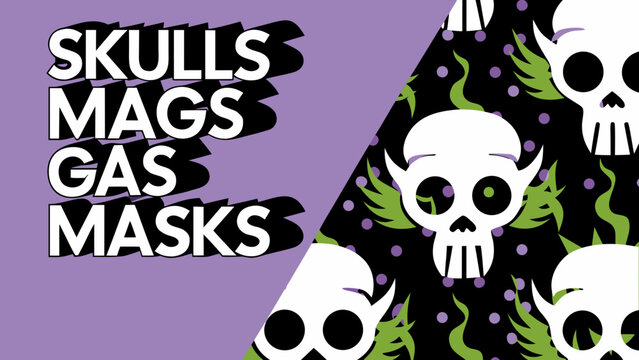 Skulls adorned with gas masks and green flames create a repetitive pattern on a dark background.