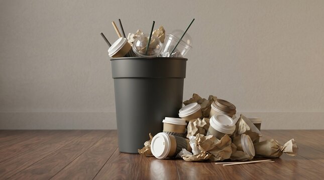 Overflowing trash bin filled with disposable coffee cups and waste on a dark wooden floor in a minimalist interior setting