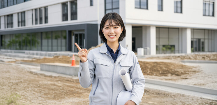 建設現場で案内をする施工管理・現場監督イメージの作業着の女性