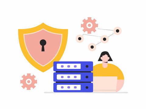 Professional woman managing secure server infrastructure using a modern computer for digital data safety vector illustration