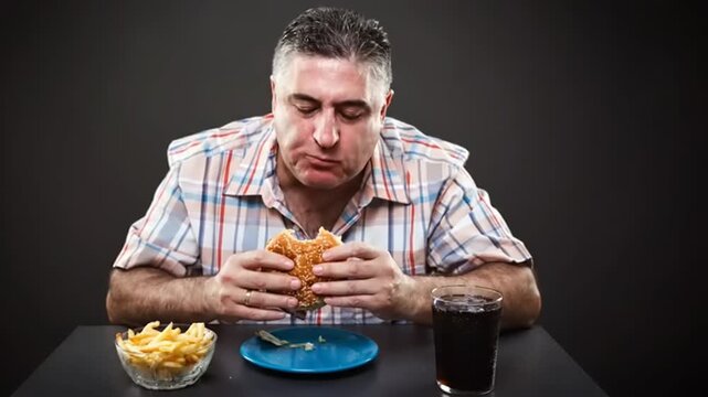 Man sitting at a table eating a sandwich.