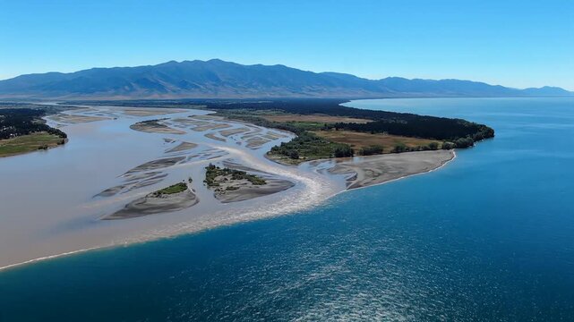 Aerial view of coastal landscape with estuary sandbars and distant mountain range