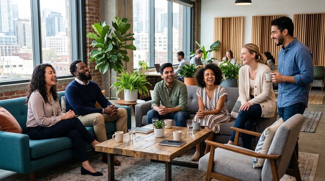 Diverse group of colleagues laughing and chatting during a casual office break in a modern coworking space with city views