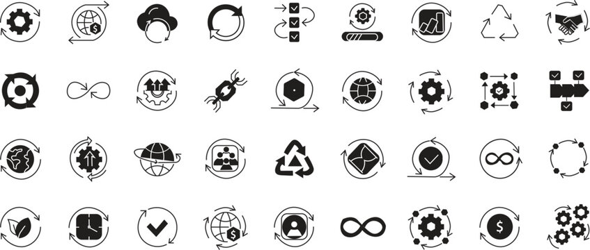 Business Continuity and System Automation Solid Icons. 36 Vector Glyph Symbols of Workflow Process, Continuous Operations, and Infinite Loops for UI UX Design. Continuity and Business Process Icons. F