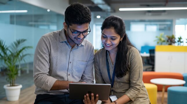 Hyderabad Tech Hub Collaboration: Young Indian Male and Female Professionals Analyzing Glowing Tablet in Modern Coworking Space