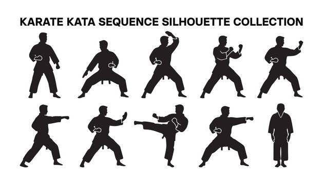 Karate Kata Sequence Silhouette Icon Sheet Set.