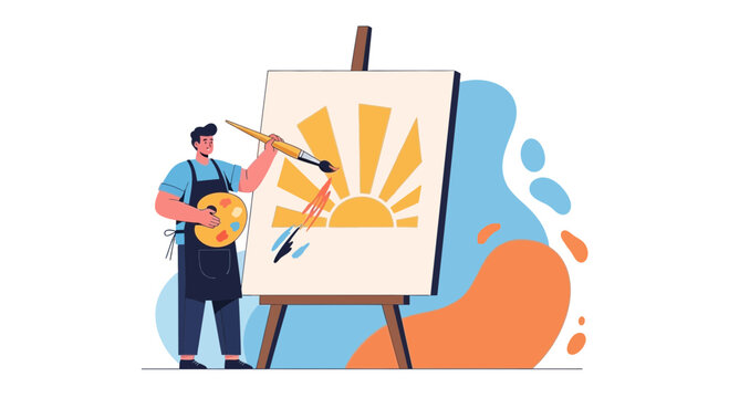 Artist painting a sunrise on canvas with easel and palette, modern flat illustration style