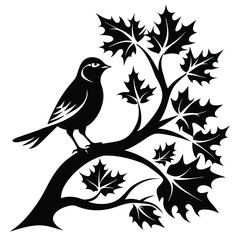 Fototapeta premium Black silhouette artwork of a bird perched on a leafy tree branch isolated on white