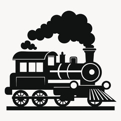 Classic black and white silhouette illustration of a traditional steam train engine © Creative Graphic Des