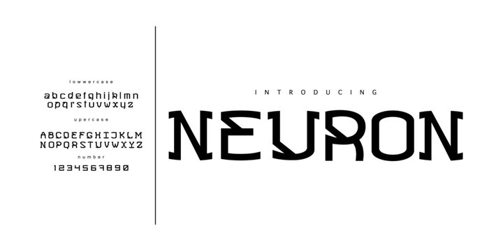 Neuron fonts: A sci-fi display font. Modern tech sans typeface with diagonal typography slits for cyber branding, AI logos, and technology.