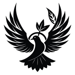 Fototapeta premium Elegant black and white dove symbol of peace flying with olive branch and wings