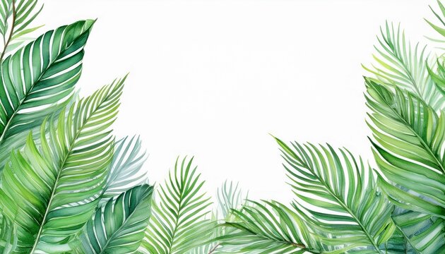 watercolor tropical palm leaves border on white background fresh green botanical frame with soft hand painted texture perfect for invitations summer designs branding and stationery