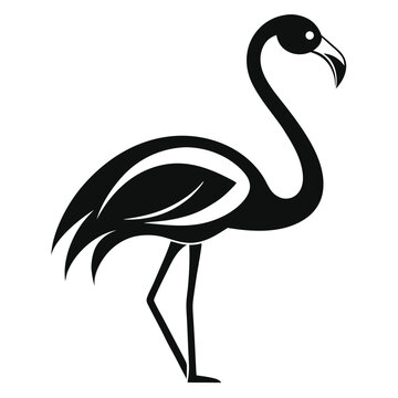 Elegant black and white silhouette of a graceful flamingo standing on a white background