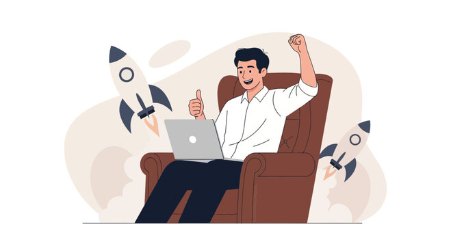 Excited Man in Armchair with Laptop and Rockets Launching - Success and Startup Concept