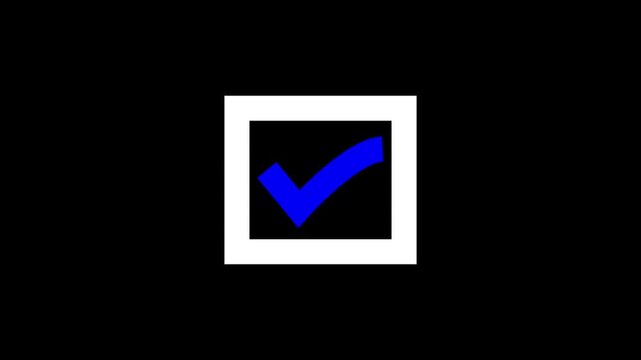 Animated check mark symbol in the squared box black background.4k video 