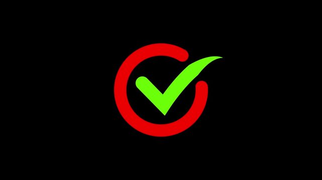 Animated red and green colour check mark icon black background. 