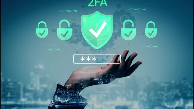 Hand Reaching Out in Cybersecurity Concept with Two Factor Authentication Symbols over Cityscape Background and Digital Interface Elements Gluon.