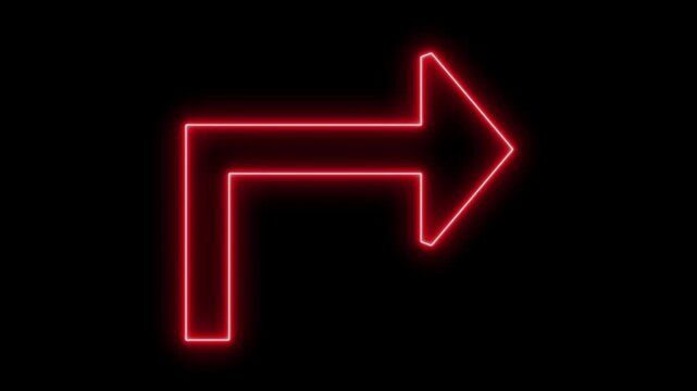 Red colour right turn arrow neon black background 4k video. 
