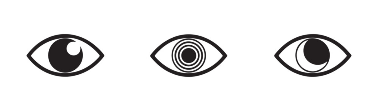 Three black eye icons or symbols representing sight, vision, and perception on transparent background.