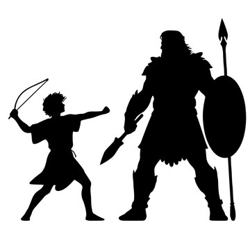 David and Goliath Silhouette Concept. Small Business vs Huge Corporation Metaphor, Old Testament Black Vector Illustration. Biblical Fight, David Confronting Giant Goliath with Slingshot.
