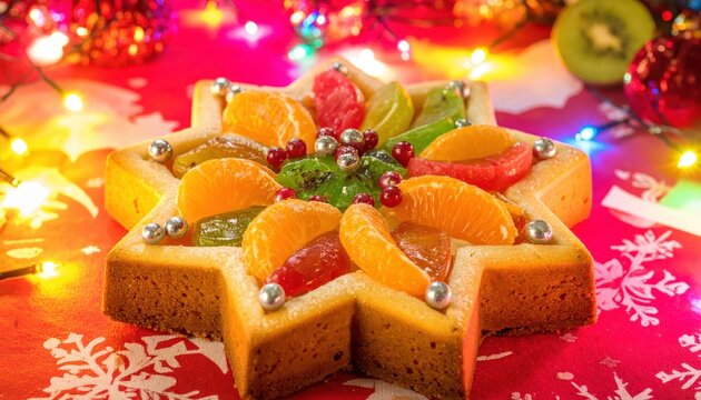 Festive Star-Shaped Fruitcake Adorned with Colorful Citrus and Berries, Ideal for Holiday Celebrations