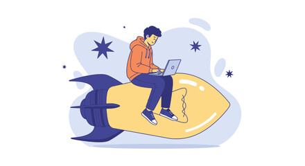 Obraz premium Young man working on laptop riding a rocket through stars