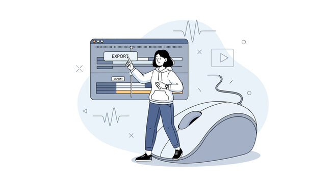 Young woman interacting with digital interface, pressing export button on editing software, concept for technology and video production.