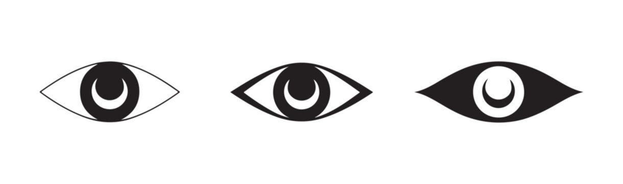 Pointed almond eye vector illustrations with moon reflections inside black pupils for creative art.
