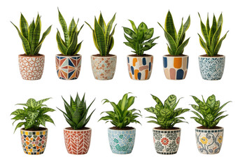 Fototapeta premium Collection of eleven potted houseplants with diverse decorative patterned ceramic pots and green foliage isolated on a transparent background