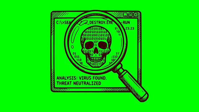 Hand drawn security interface animation on green chroma key background with skull icon binary code and flashing red alert light