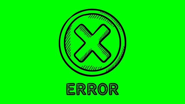 Hand drawn error concept icon featuring a looping blink animation effect with pure black filling lines isolated on professional green screen chroma key background for easy video post production editin