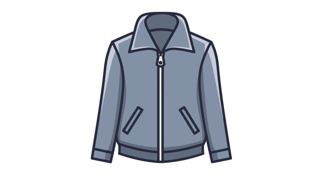 Blue casual jacket with front zipper and ribbed cuffs flat vector illustration