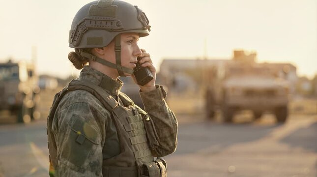 A soldier stands outdoors at sunset while talking on the radio. Military vehicles are parked in the background. The atmosphere shows activity and focus among the team members