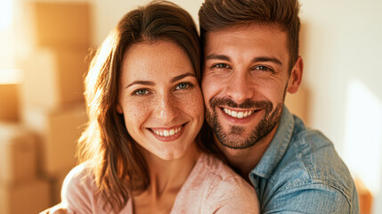 Fototapeta premium A happy young couple smiling closely together indoors, radiating warmth and affection in a cozy, softly lit environment.