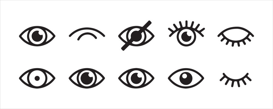 Collection of eye icons open closed and with cross for vision privacy and sight concepts.