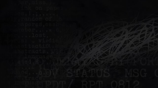 Animated black grunge background with typewriter text, telex codes and scratches. Vintage style of secret documents, noise and interference effect, loop animation for backgrounds.