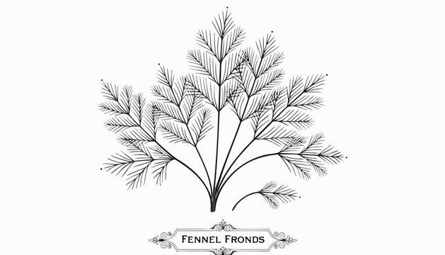 Very beautiful black-and-white engraved vector illustration featuring fennel fronds with delicate feathery foliage, intricate botanical structure, and a decorative engraved label reading "FENNEL FROND
