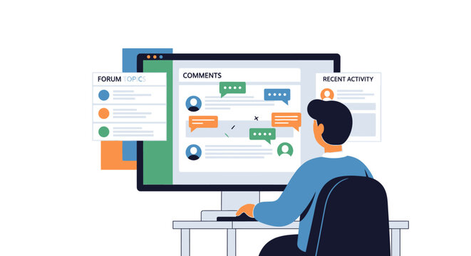 Online Community Forum Management Illustration. Man Moderating Comments and Digital Discussion on Desktop Computer Interface.