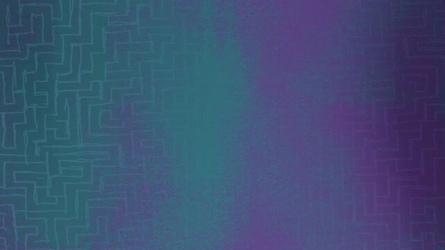 Animated abstract background: a smooth gradient of turquoise and purple with a maze pattern. The effect of noise and grain. Loop animation in the vaporwave style for design and presentations.