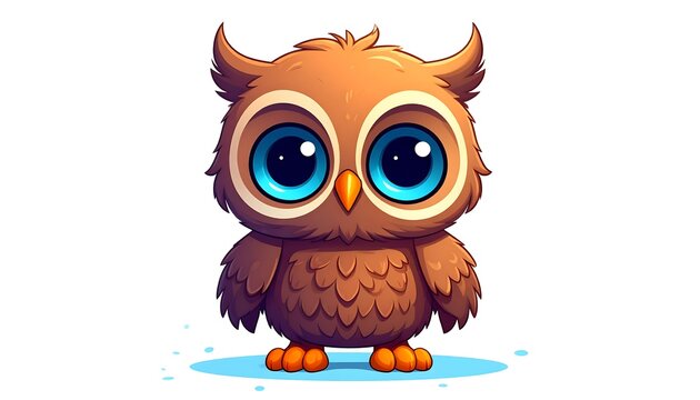 A cute cartoon owl with big blue eyes and brown feathers