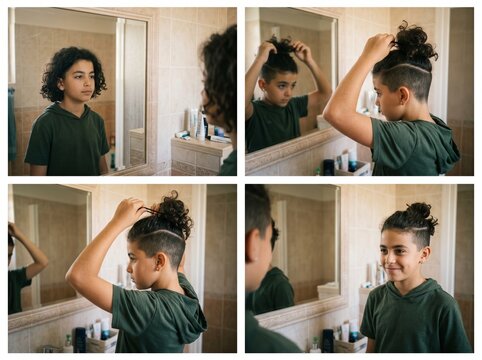 A 12 years old moroccan boy gathers his hair into a manbun